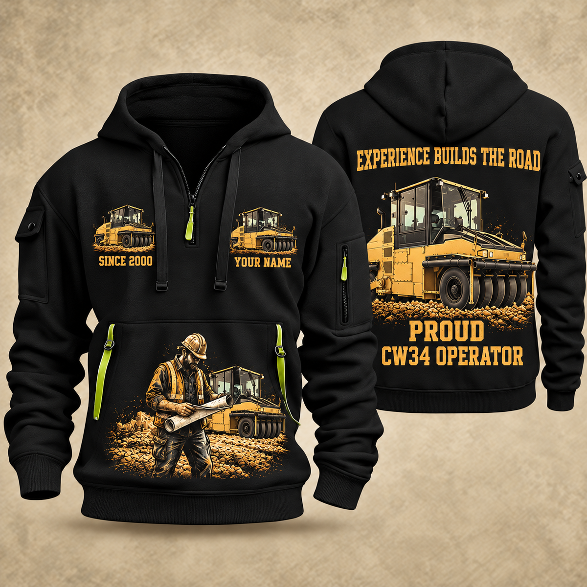 CW34 Pneumatic Roller Operator quarter zip hoodie in Black, front and back views, sample YOUR NAME and SINCE 2000 artwork