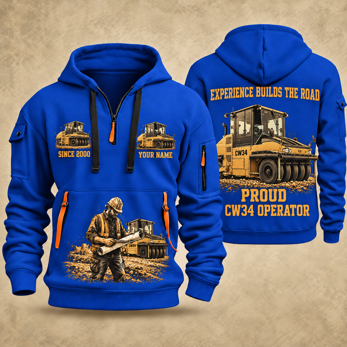 CW34 Pneumatic Roller Operator quarter zip hoodie in Blue, front and back views, sample YOUR NAME and SINCE 2000 artwork