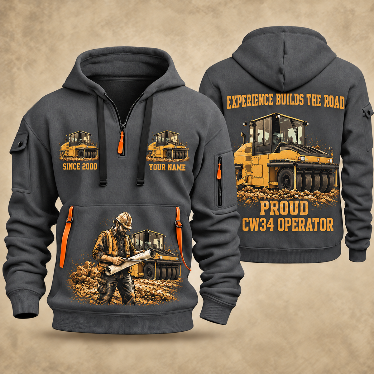 CW34 Pneumatic Roller Operator quarter zip hoodie in Gray, front and back views, sample YOUR NAME and SINCE 2000 artwork