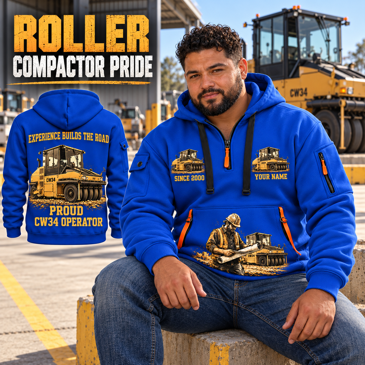 CW34 Pneumatic Roller Operator quarter zip hoodie in Blue, adult lifestyle portrait showing front and back artwork