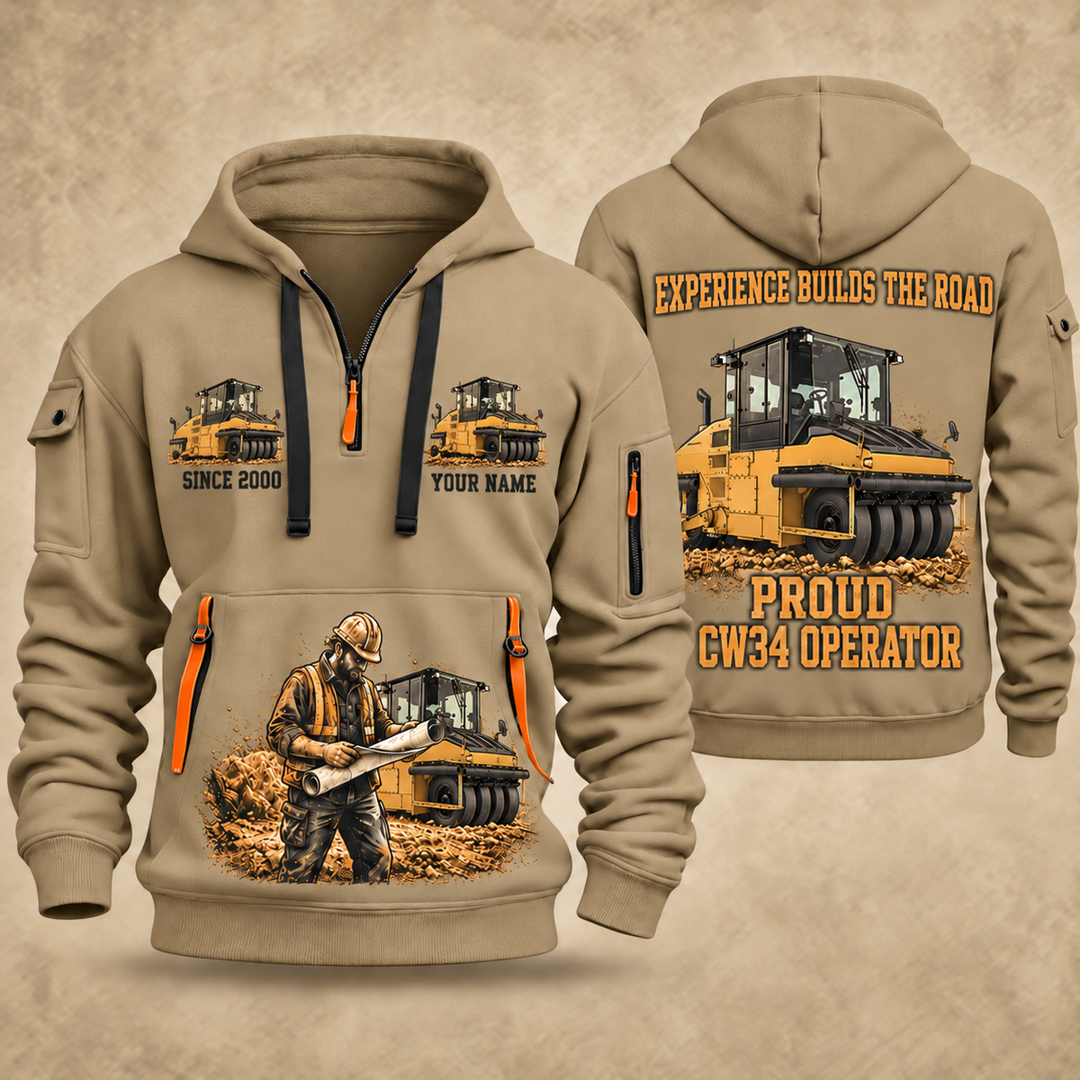 CW34 Pneumatic Roller Operator quarter zip hoodie in Khaki, front and back views, sample YOUR NAME and SINCE 2000 artwork