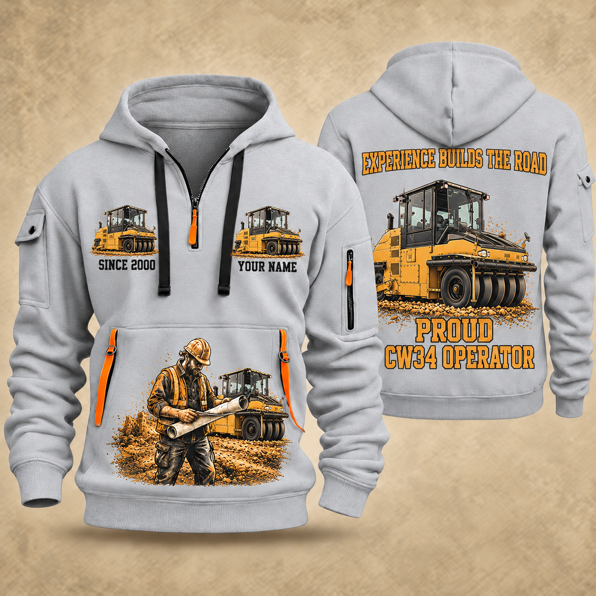 CW34 Pneumatic Roller Operator quarter zip hoodie in Light Grey, front and back views, sample YOUR NAME and SINCE 2000 artwork