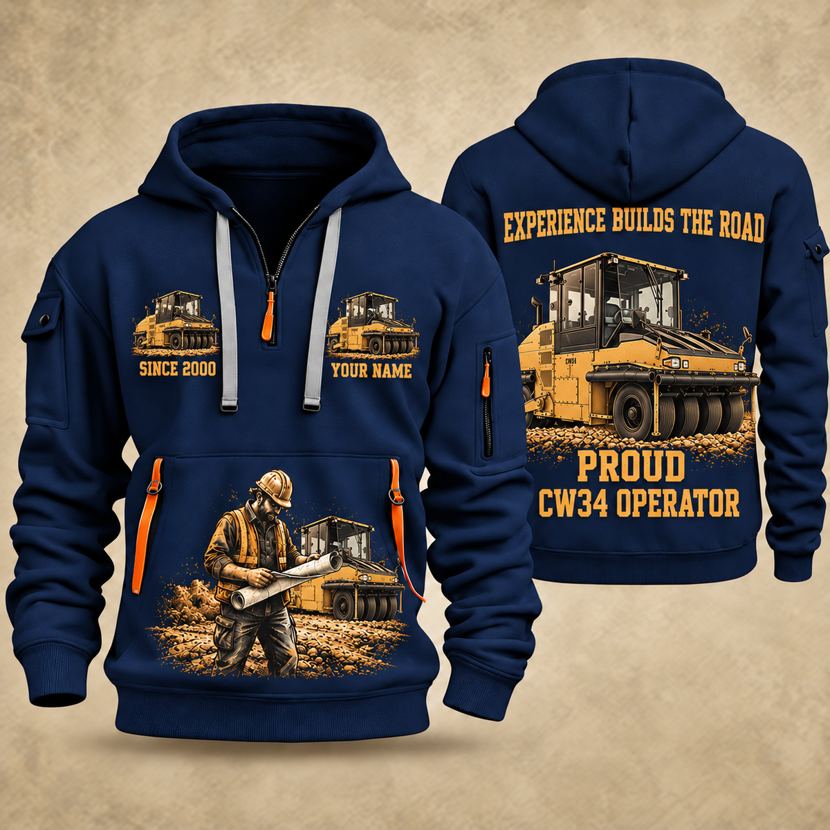 CW34 Pneumatic Roller Operator quarter zip hoodie in Navy, front and back views, sample YOUR NAME and SINCE 2000 artwork