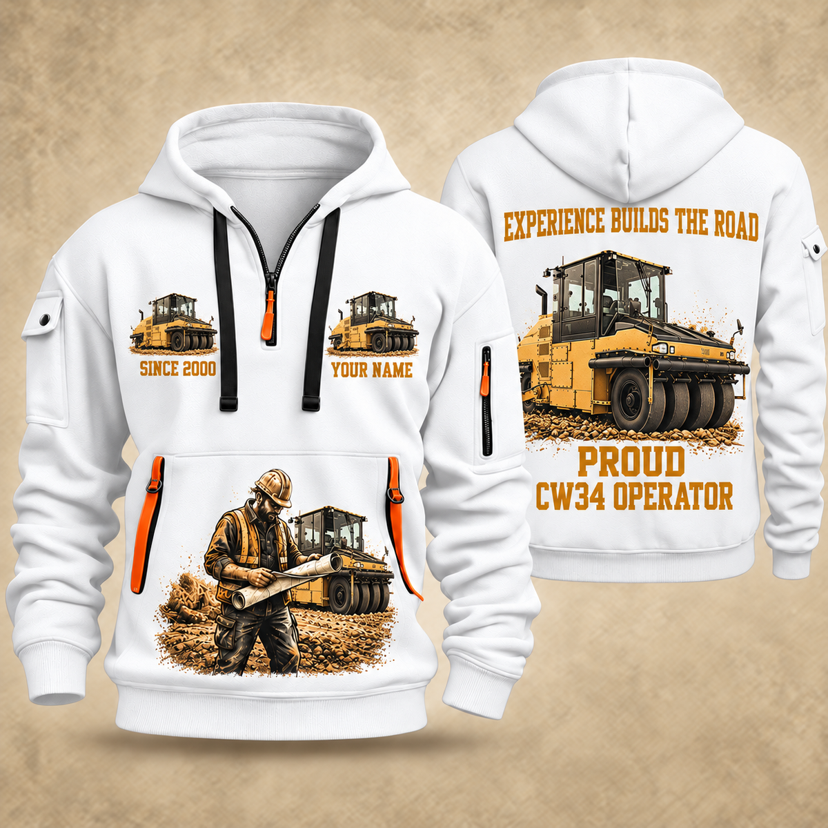 CW34 Pneumatic Roller Operator quarter zip hoodie in White, front and back views, sample YOUR NAME and SINCE 2000 artwork