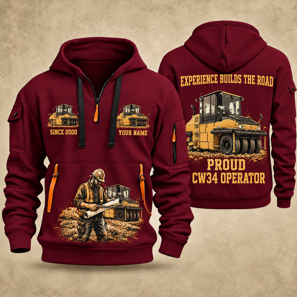 CW34 Pneumatic Roller Operator quarter zip hoodie in Wine Red, front and back views, sample YOUR NAME and SINCE 2000 artwork