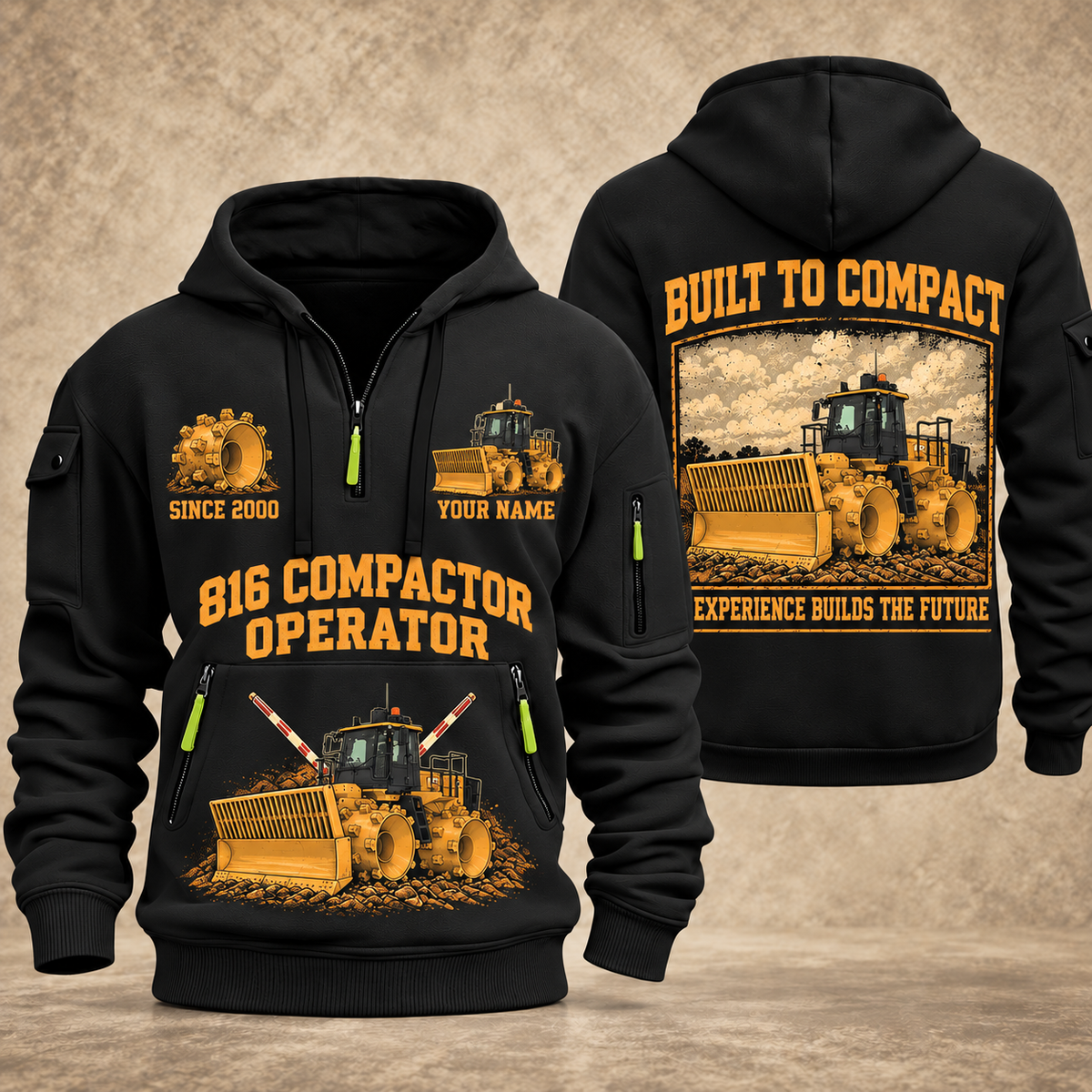 816 Landfill Compactor Operator quarter zip hoodie in Black, front and back views, sample YOUR NAME and SINCE 2000 artwork