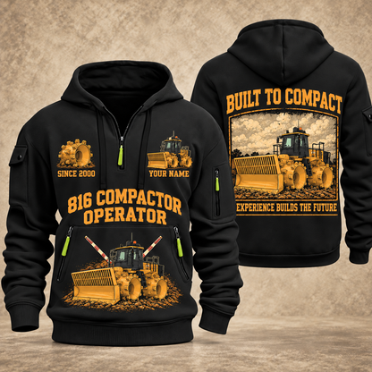 816 Landfill Compactor Operator quarter zip hoodie in Black, front and back views, sample YOUR NAME and SINCE 2000 artwork