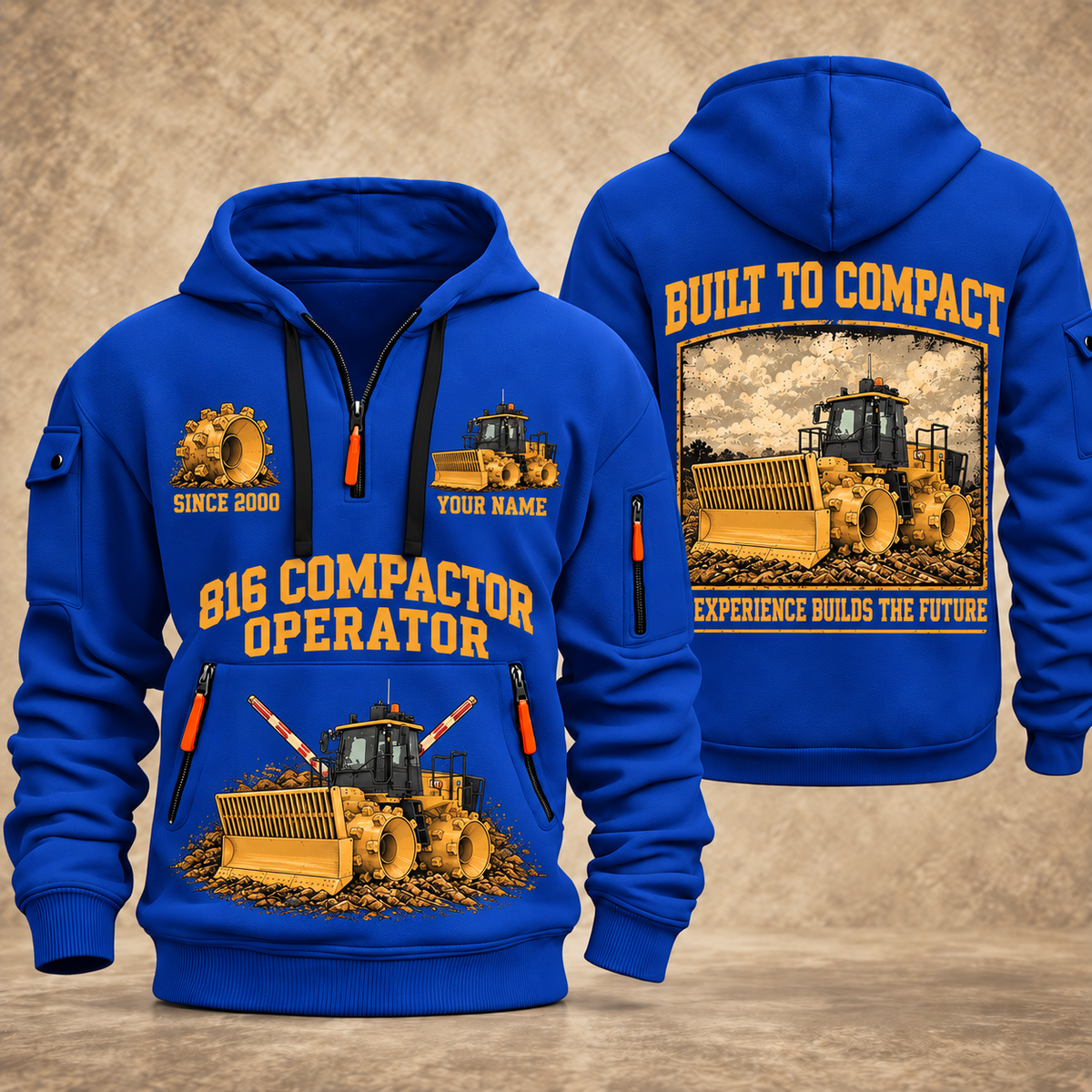 816 Landfill Compactor Operator quarter zip hoodie in Blue, front and back views, sample YOUR NAME and SINCE 2000 artwork
