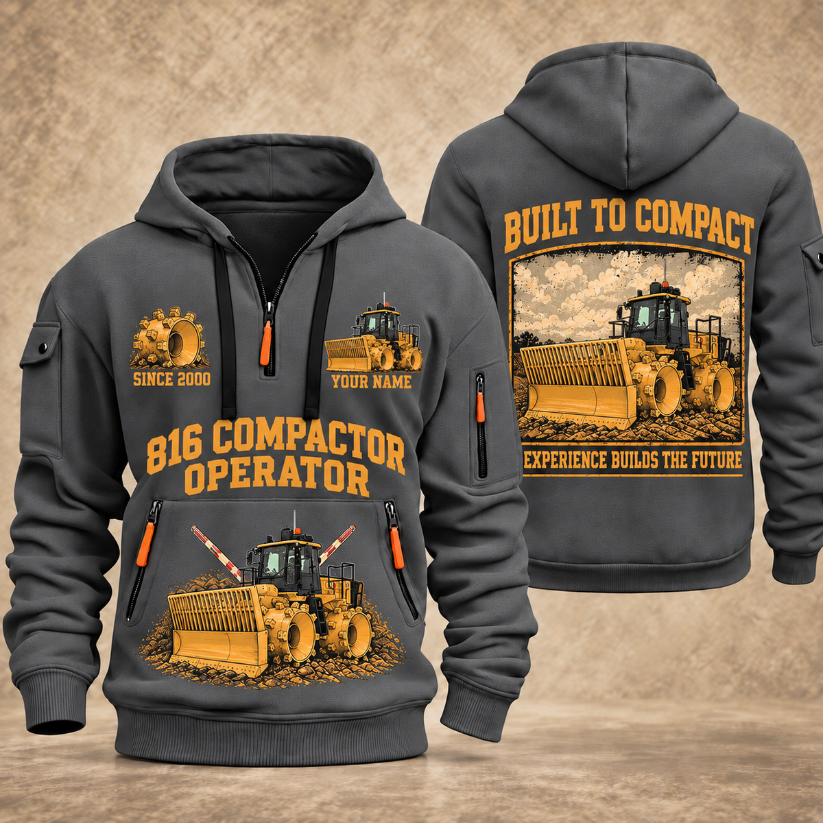 816 Landfill Compactor Operator quarter zip hoodie in Gray, front and back views, sample YOUR NAME and SINCE 2000 artwork