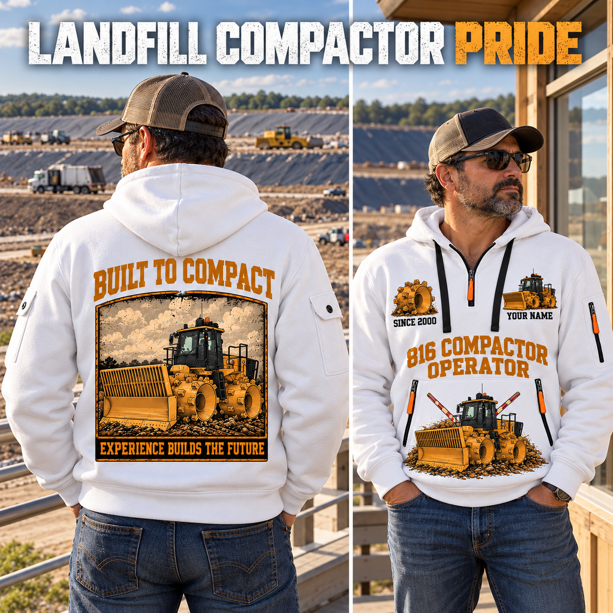 816 Landfill Compactor Operator quarter zip hoodie in White, adult lifestyle portrait showing front and back artwork