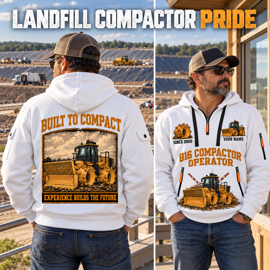816 Landfill Compactor Operator quarter zip hoodie in White, adult lifestyle portrait showing front and back artwork