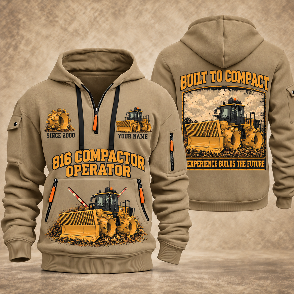 816 Landfill Compactor Operator quarter zip hoodie in Khaki, front and back views, sample YOUR NAME and SINCE 2000 artwork