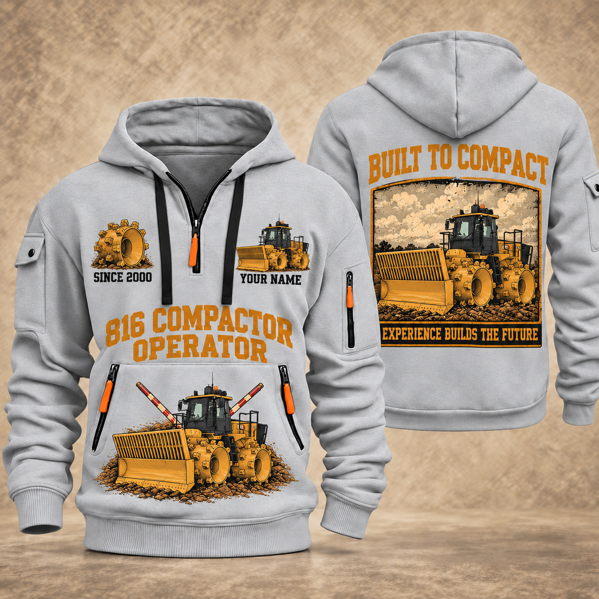 816 Landfill Compactor Operator quarter zip hoodie in Light Grey, front and back views, sample YOUR NAME and SINCE 2000 artwork