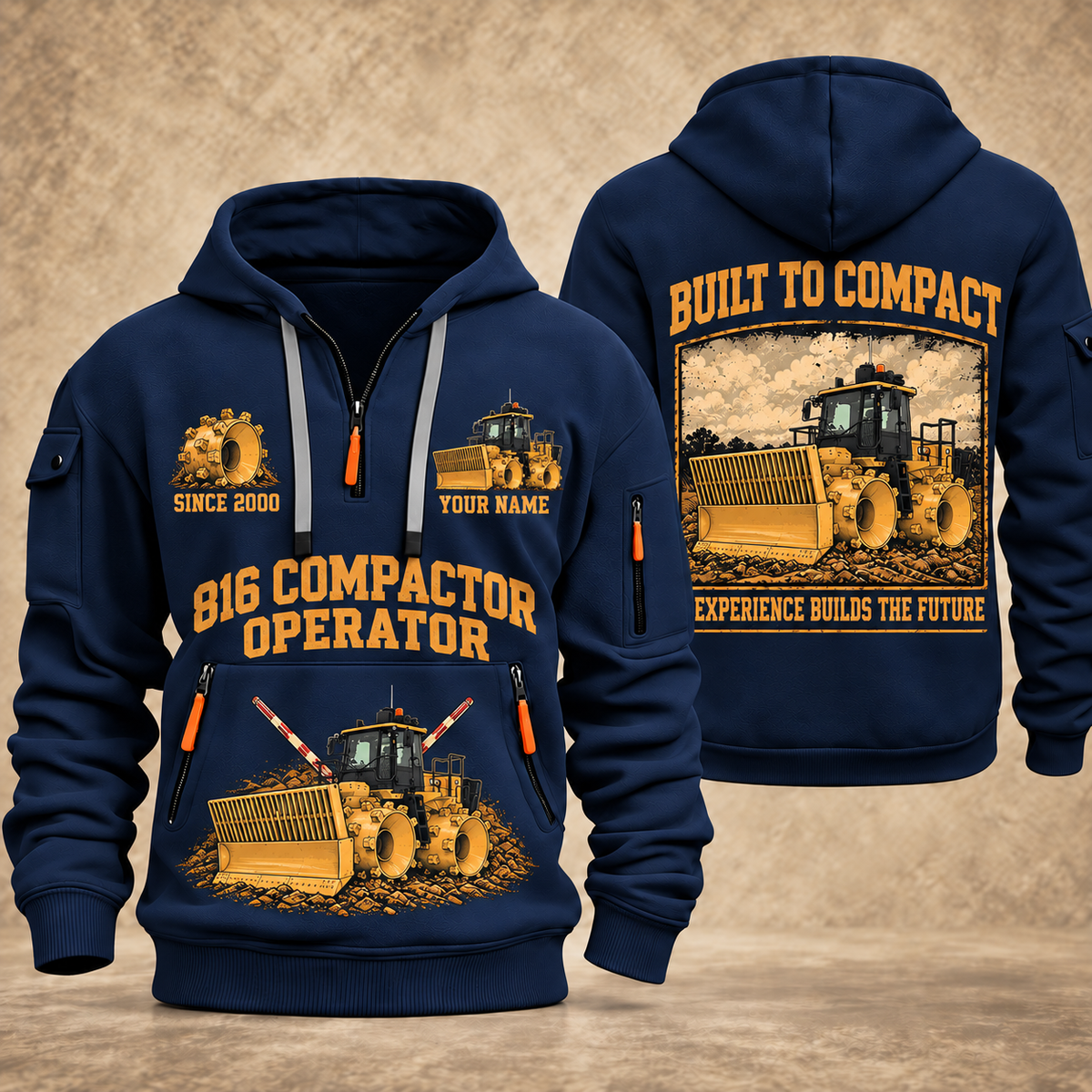 816 Landfill Compactor Operator quarter zip hoodie in Navy, front and back views, sample YOUR NAME and SINCE 2000 artwork