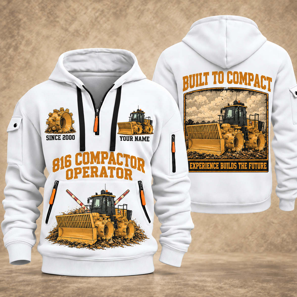 816 Landfill Compactor Operator quarter zip hoodie in White, front and back views, sample YOUR NAME and SINCE 2000 artwork