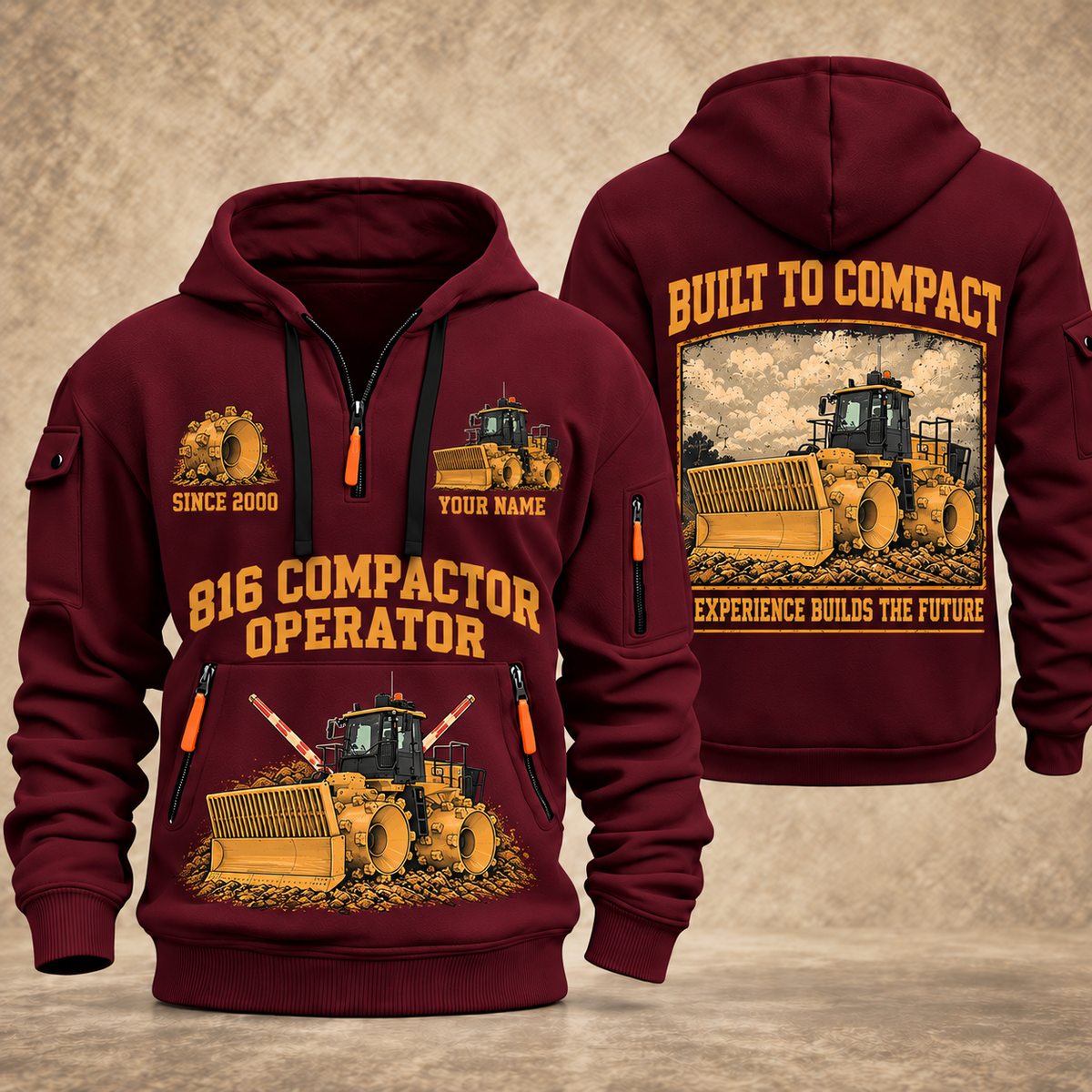 816 Landfill Compactor Operator quarter zip hoodie in Wine Red, front and back views, sample YOUR NAME and SINCE 2000 artwork