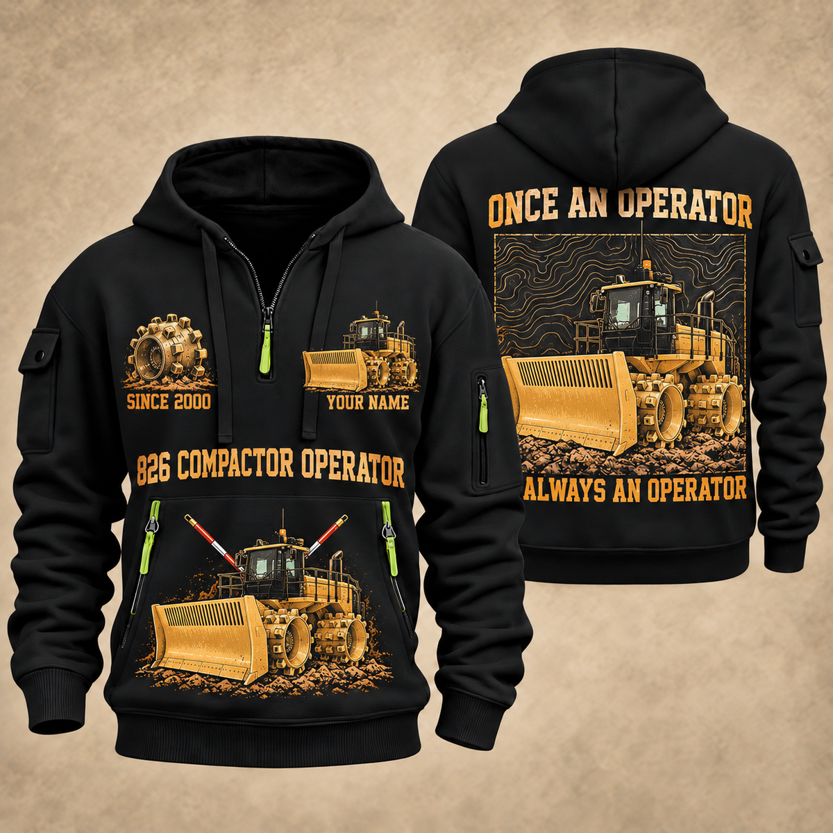 826 Landfill Compactor Operator quarter zip hoodie in Black, front and back views, sample YOUR NAME and SINCE 2000 artwork