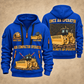 826 Landfill Compactor Operator quarter zip hoodie in Blue, front and back views, sample YOUR NAME and SINCE 2000 artwork