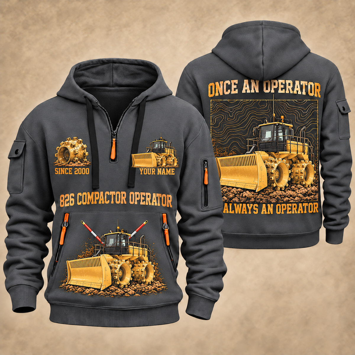 826 Landfill Compactor Operator quarter zip hoodie in Gray, front and back views, sample YOUR NAME and SINCE 2000 artwork