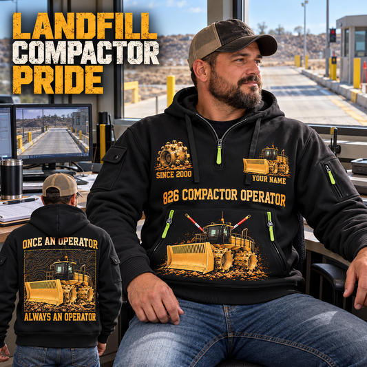 826 Landfill Compactor Operator quarter zip hoodie in Black, adult lifestyle portrait showing front and back artwork