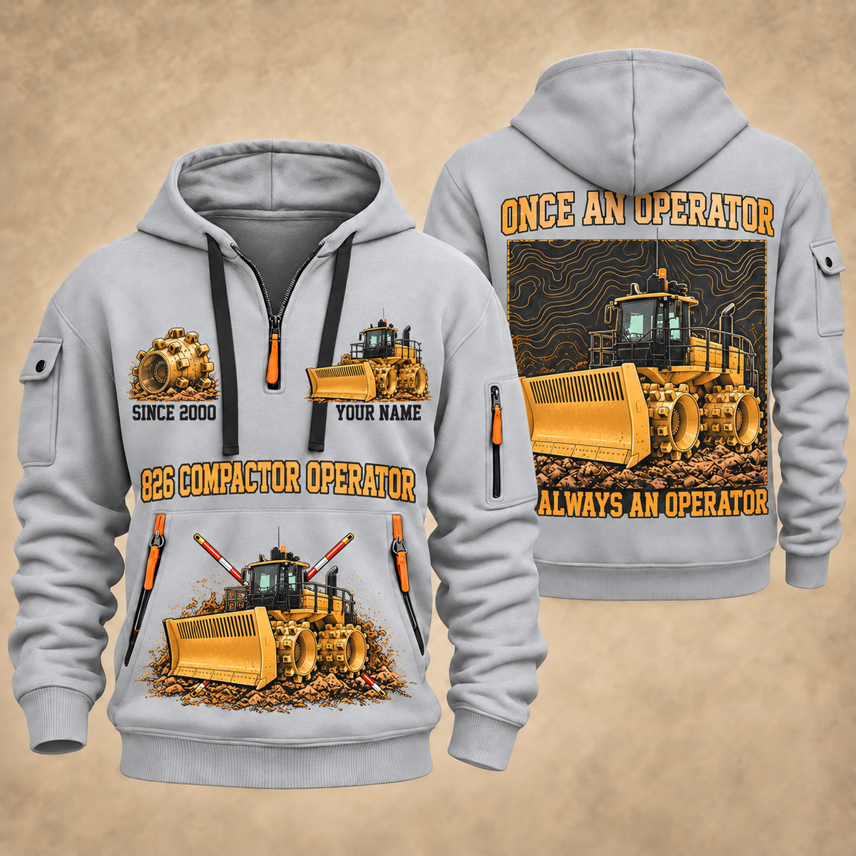 826 Landfill Compactor Operator quarter zip hoodie in Light Grey, front and back views, sample YOUR NAME and SINCE 2000 artwork