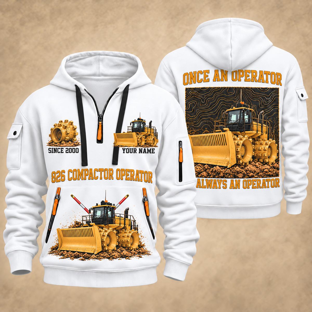 826 Landfill Compactor Operator quarter zip hoodie in White, front and back views, sample YOUR NAME and SINCE 2000 artwork
