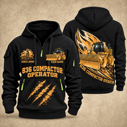 836 Landfill Compactor Operator quarter zip hoodie in Black, front and back views, sample YOUR NAME and SINCE 2000 artwork
