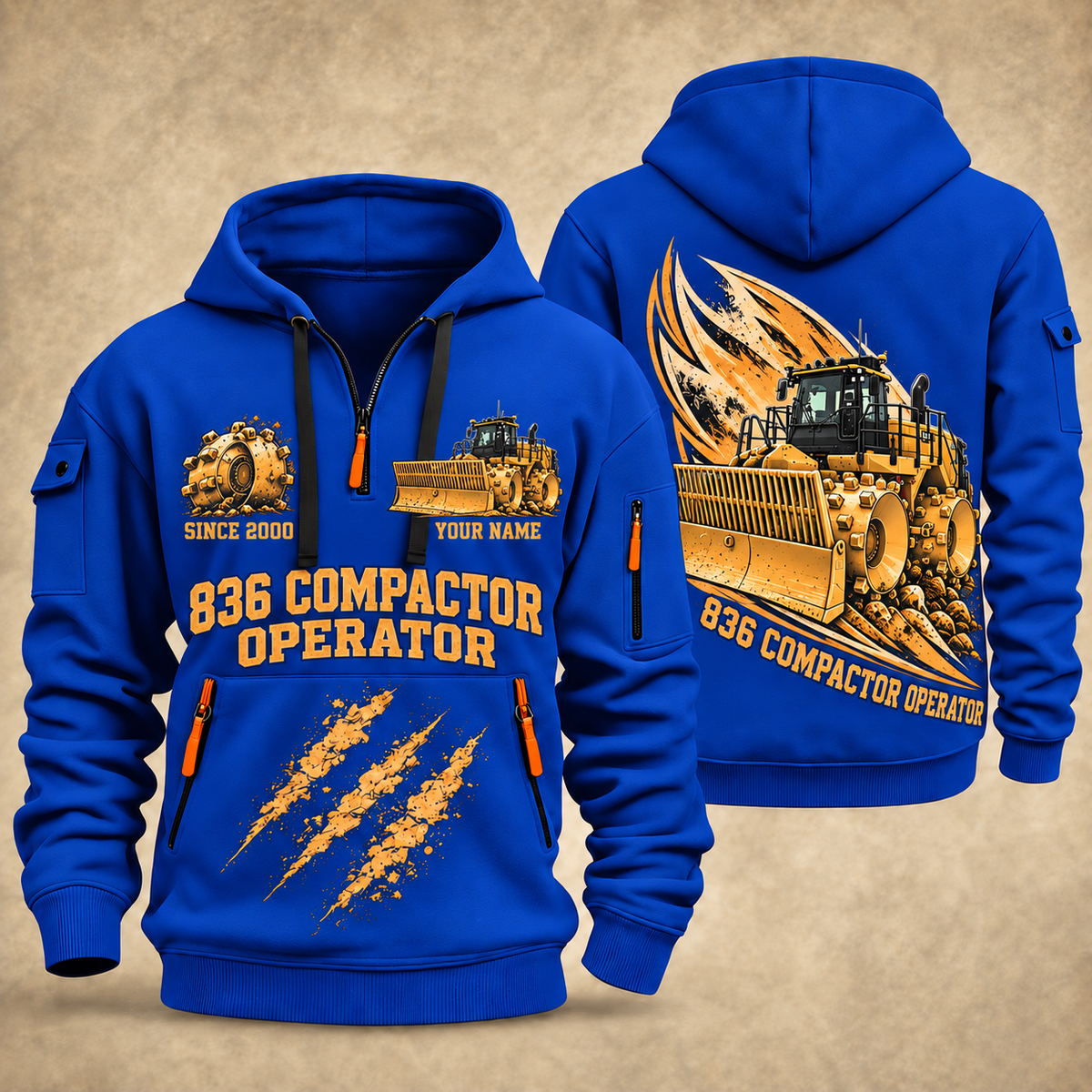 836 Landfill Compactor Operator quarter zip hoodie in Blue, front and back views, sample YOUR NAME and SINCE 2000 artwork