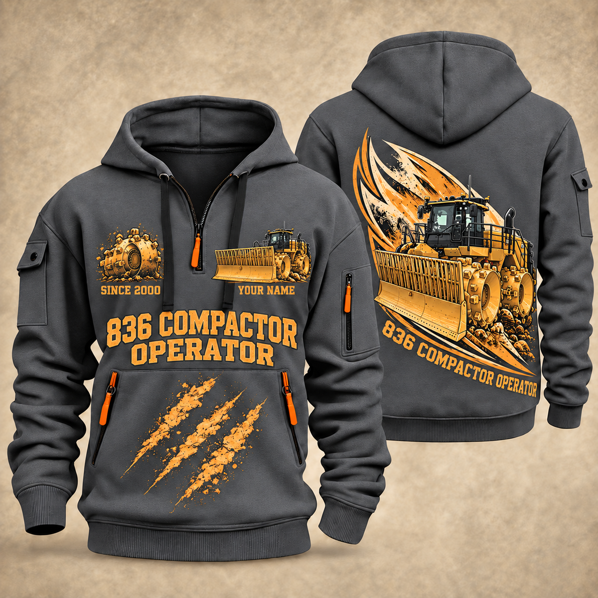 836 Landfill Compactor Operator quarter zip hoodie in Gray, front and back views, sample YOUR NAME and SINCE 2000 artwork