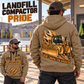 836 Landfill Compactor Operator quarter zip hoodie in Khaki, adult lifestyle portrait showing front and back artwork