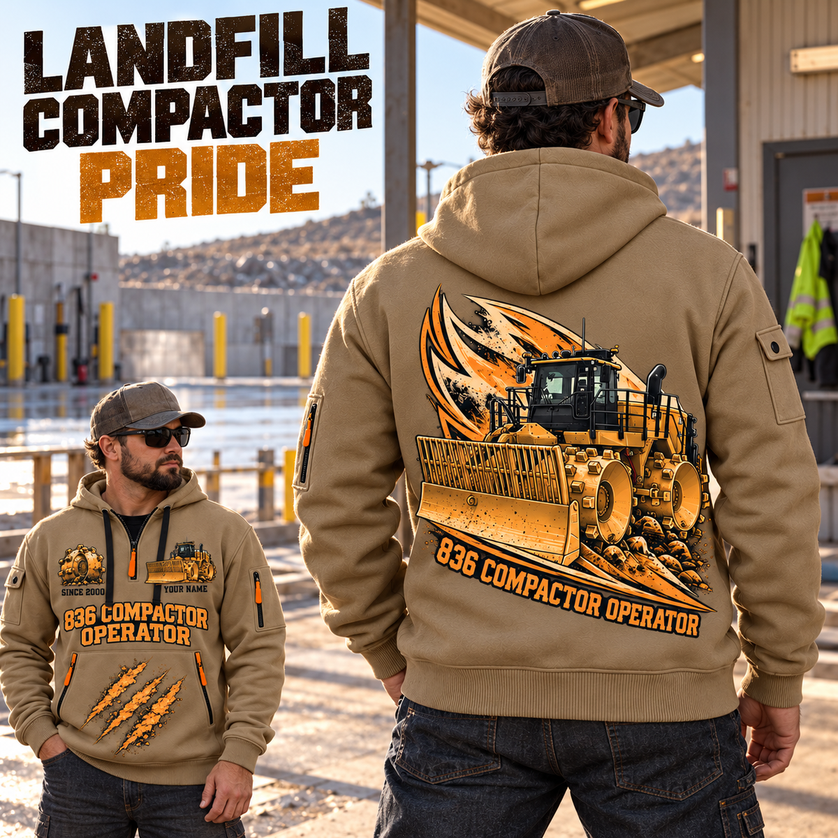 836 Landfill Compactor Operator quarter zip hoodie in Khaki, adult lifestyle portrait showing front and back artwork