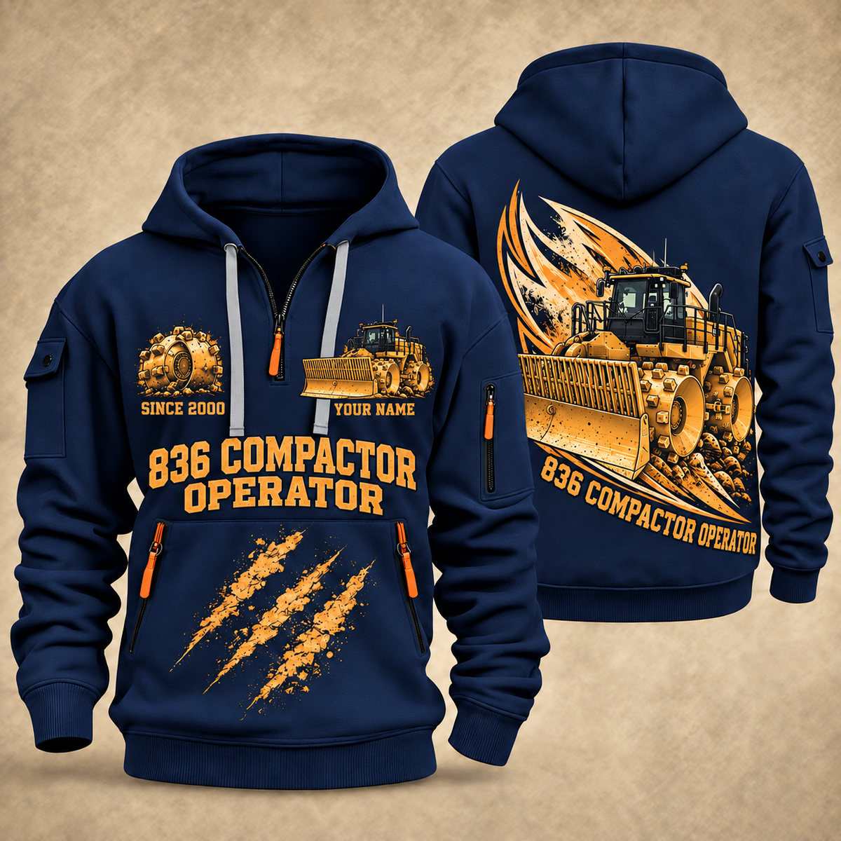 836 Landfill Compactor Operator quarter zip hoodie in Navy, front and back views, sample YOUR NAME and SINCE 2000 artwork