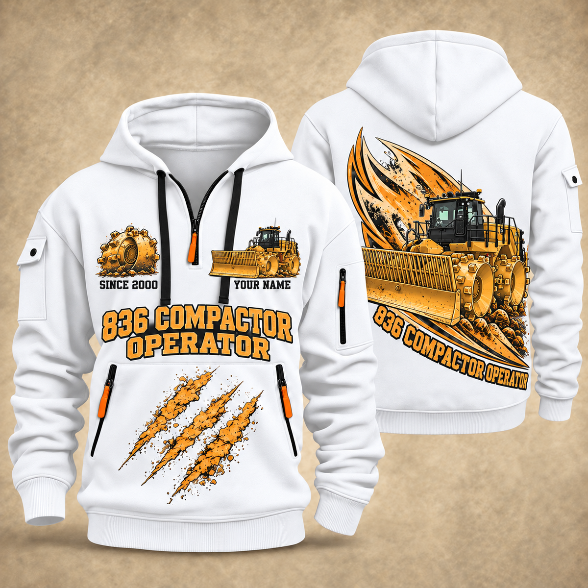 836 Landfill Compactor Operator quarter zip hoodie in White, front and back views, sample YOUR NAME and SINCE 2000 artwork