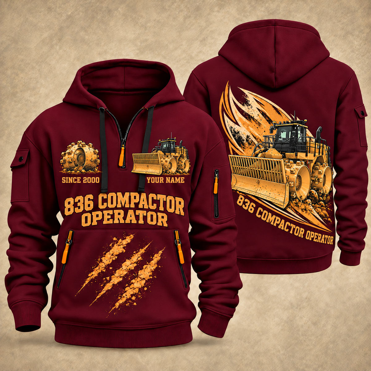 836 Landfill Compactor Operator quarter zip hoodie in Wine Red, front and back views, sample YOUR NAME and SINCE 2000 artwork