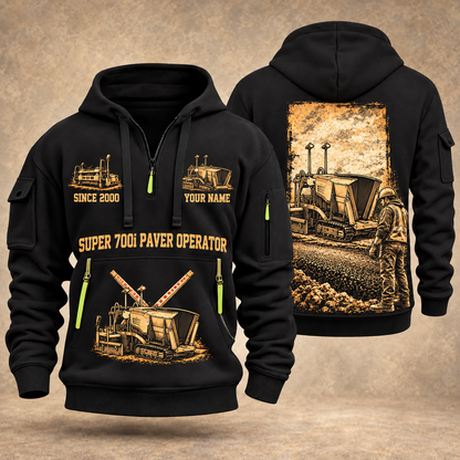SUPER 700i Asphalt Paver Operator quarter zip hoodie in Black, front and back views, sample YOUR NAME and SINCE 2000 artwork