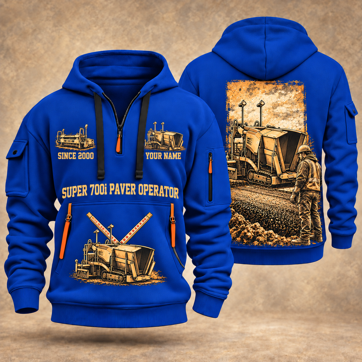 SUPER 700i Asphalt Paver Operator quarter zip hoodie in Blue, front and back views, sample YOUR NAME and SINCE 2000 artwork