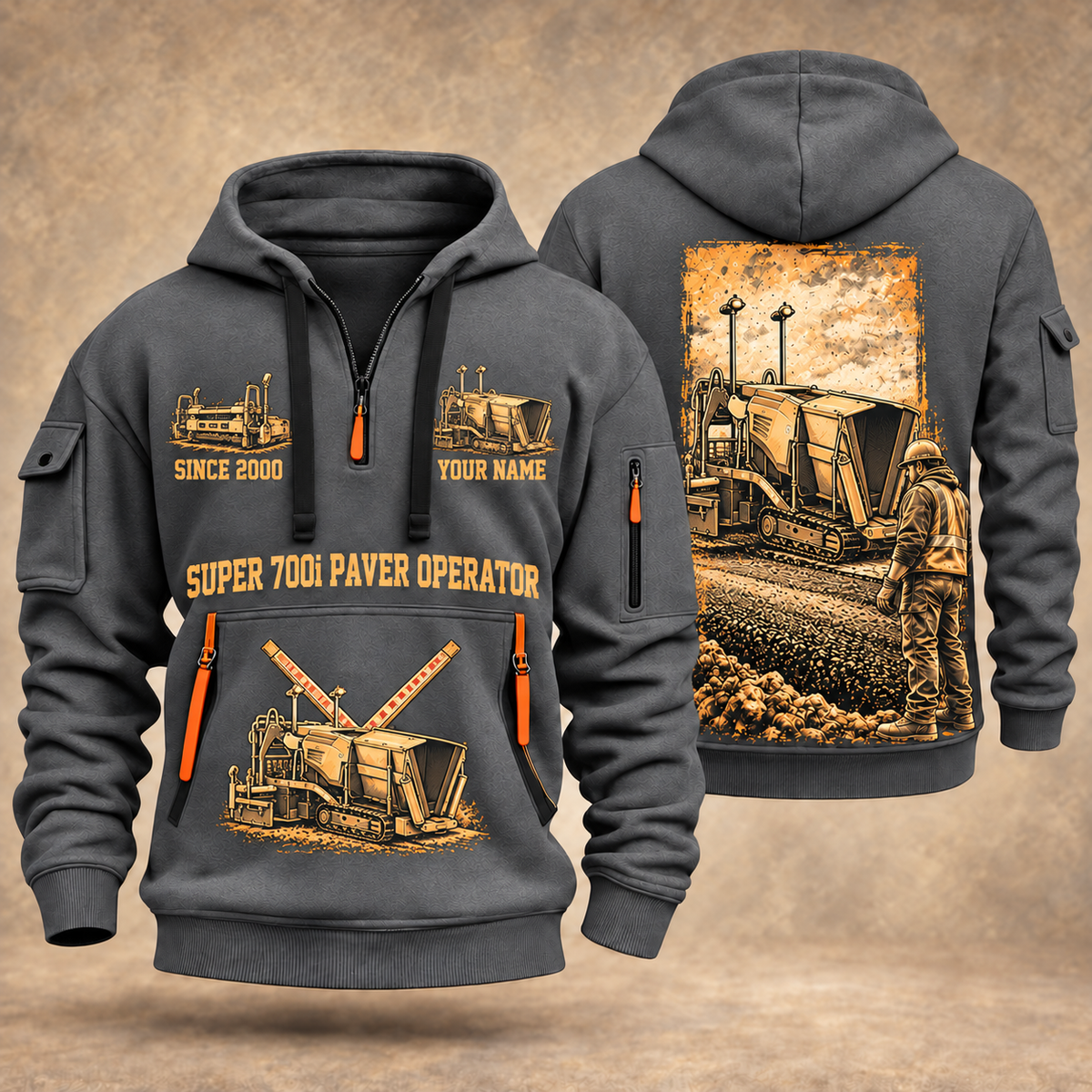 SUPER 700i Asphalt Paver Operator quarter zip hoodie in Gray, front and back views, sample YOUR NAME and SINCE 2000 artwork
