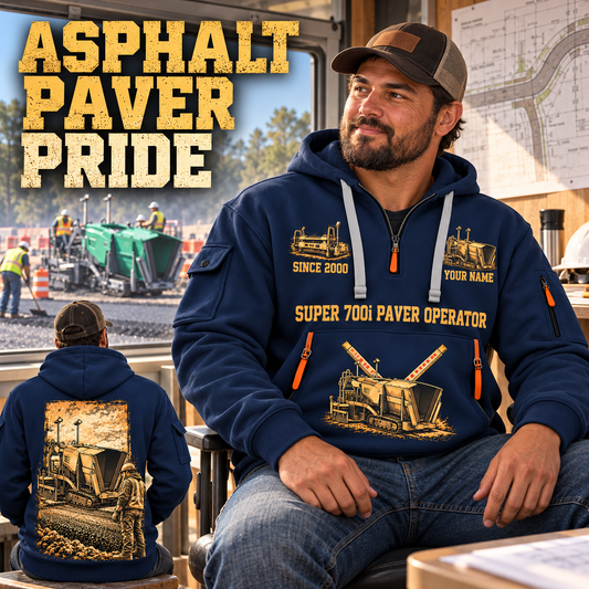 SUPER 700i Asphalt Paver Operator quarter zip hoodie in Navy, adult lifestyle portrait showing front and back artwork