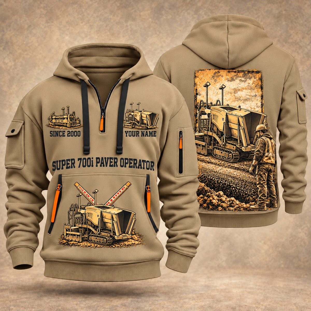SUPER 700i Asphalt Paver Operator quarter zip hoodie in Khaki, front and back views, sample YOUR NAME and SINCE 2000 artwork