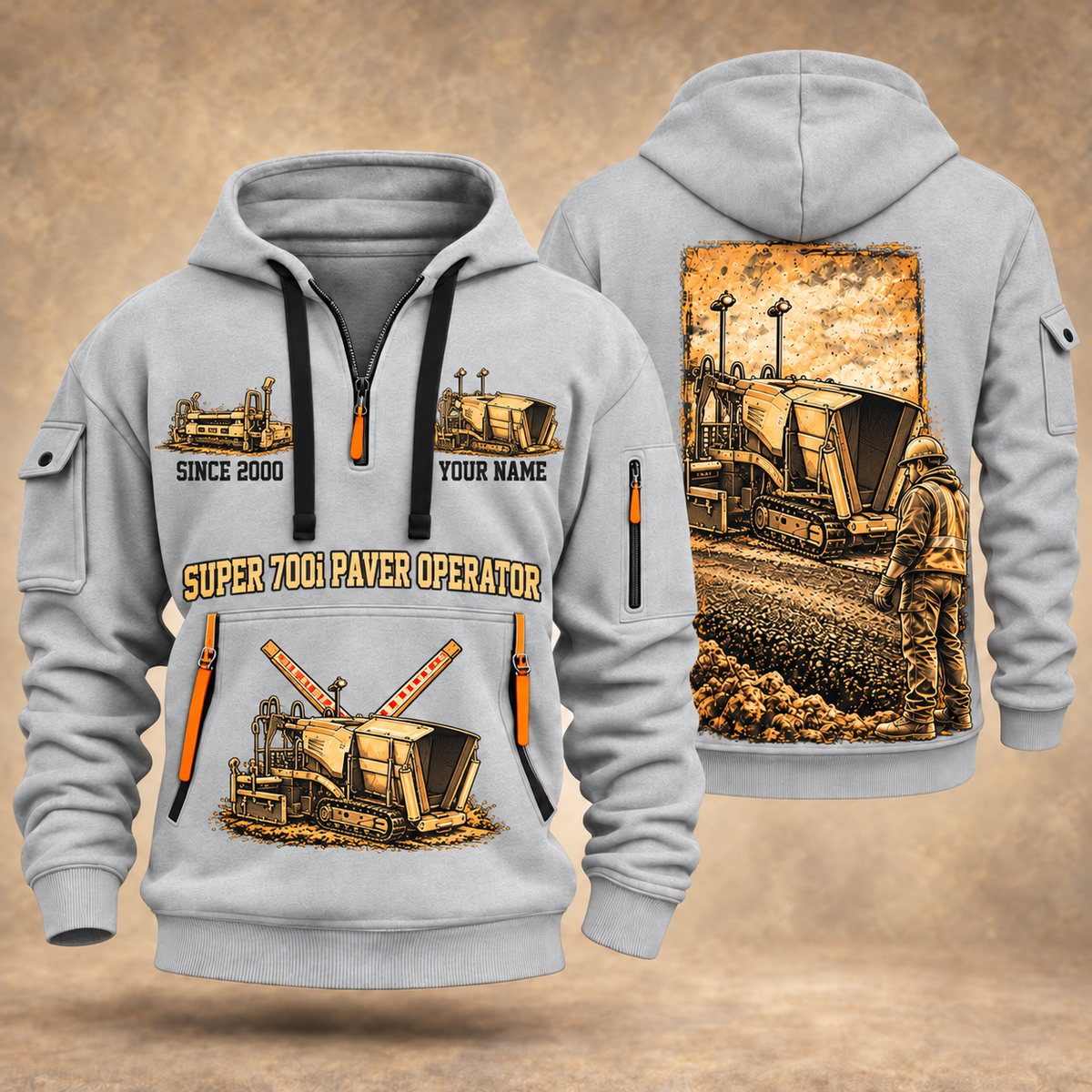 SUPER 700i Asphalt Paver Operator quarter zip hoodie in Light Grey, front and back views, sample YOUR NAME and SINCE 2000 artwork