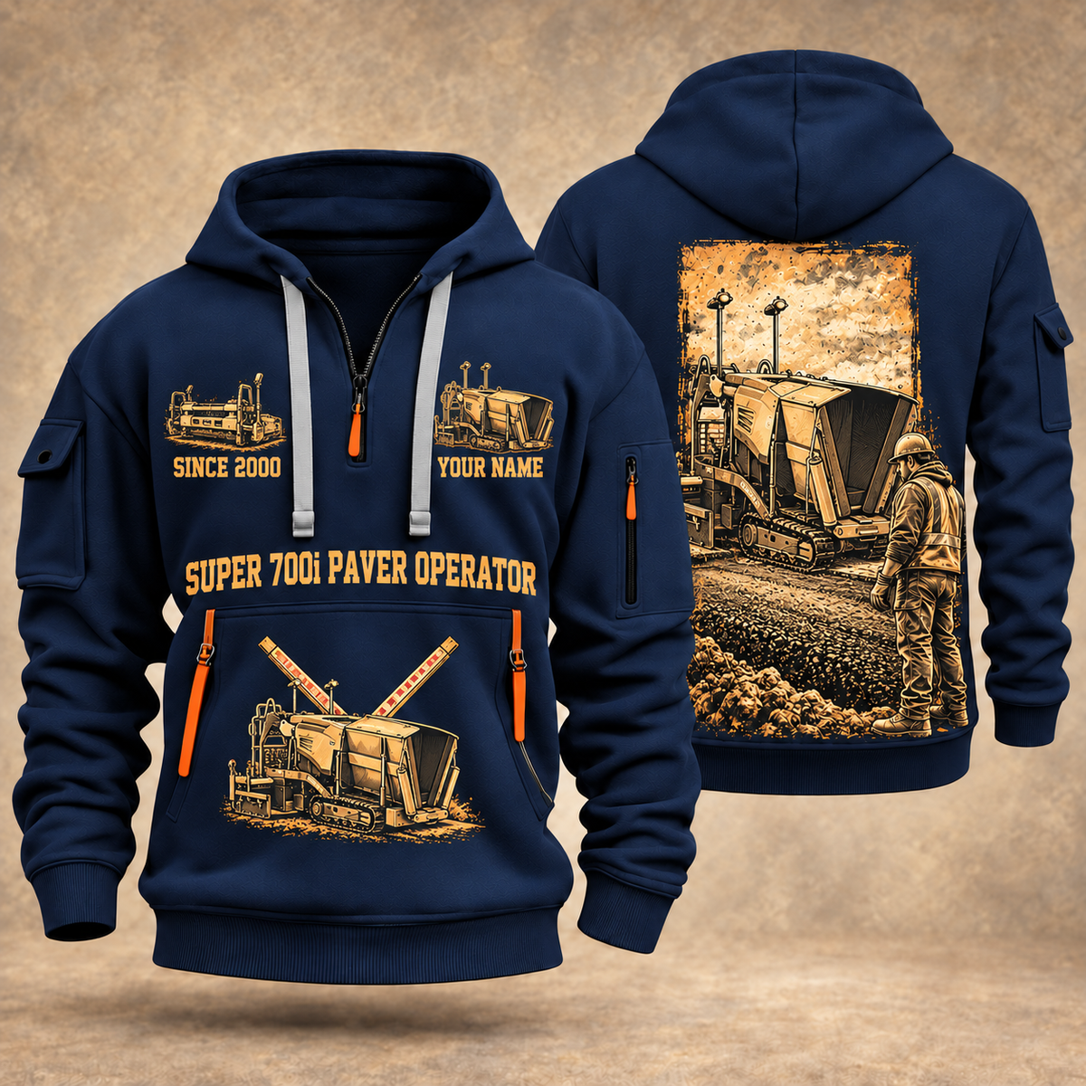 SUPER 700i Asphalt Paver Operator quarter zip hoodie in Navy, front and back views, sample YOUR NAME and SINCE 2000 artwork