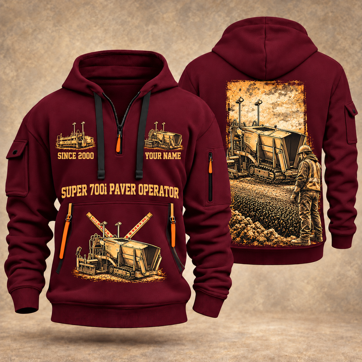SUPER 700i Asphalt Paver Operator quarter zip hoodie in Wine Red, front and back views, sample YOUR NAME and SINCE 2000 artwork