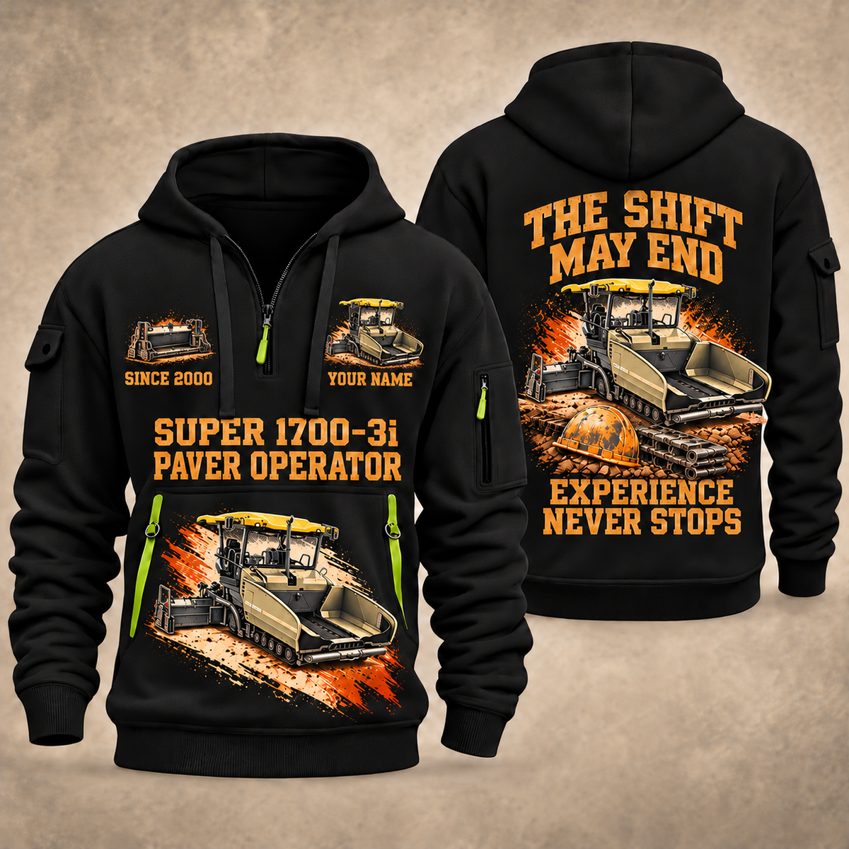 SUPER 1700-3i Asphalt Paver Operator quarter zip hoodie in Black, front and back views, sample YOUR NAME and SINCE 2000 artwork