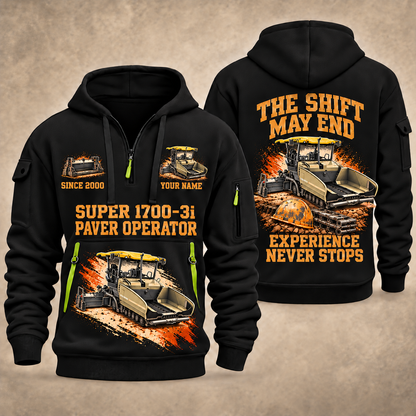 SUPER 1700-3i Asphalt Paver Operator quarter zip hoodie in Black, front and back views, sample YOUR NAME and SINCE 2000 artwork