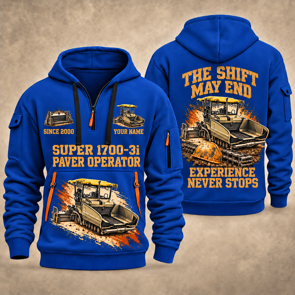 SUPER 1700-3i Asphalt Paver Operator quarter zip hoodie in Blue, front and back views, sample YOUR NAME and SINCE 2000 artwork