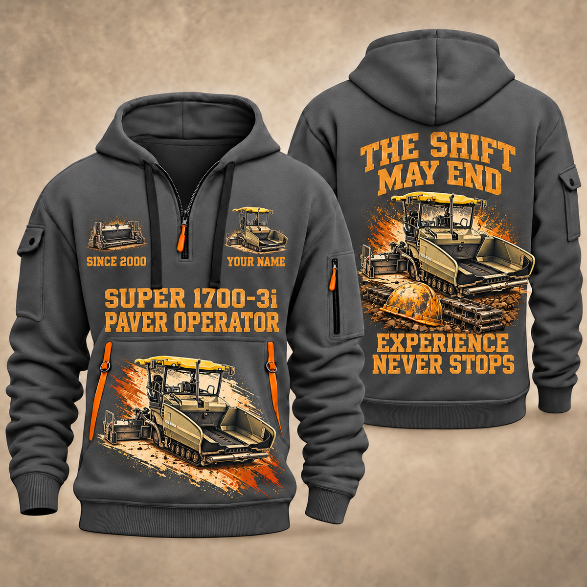 SUPER 1700-3i Asphalt Paver Operator quarter zip hoodie in Gray, front and back views, sample YOUR NAME and SINCE 2000 artwork