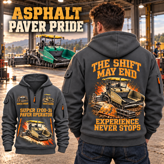 SUPER 1700-3i Asphalt Paver Operator quarter zip hoodie in Gray, adult lifestyle portrait showing front and back artwork