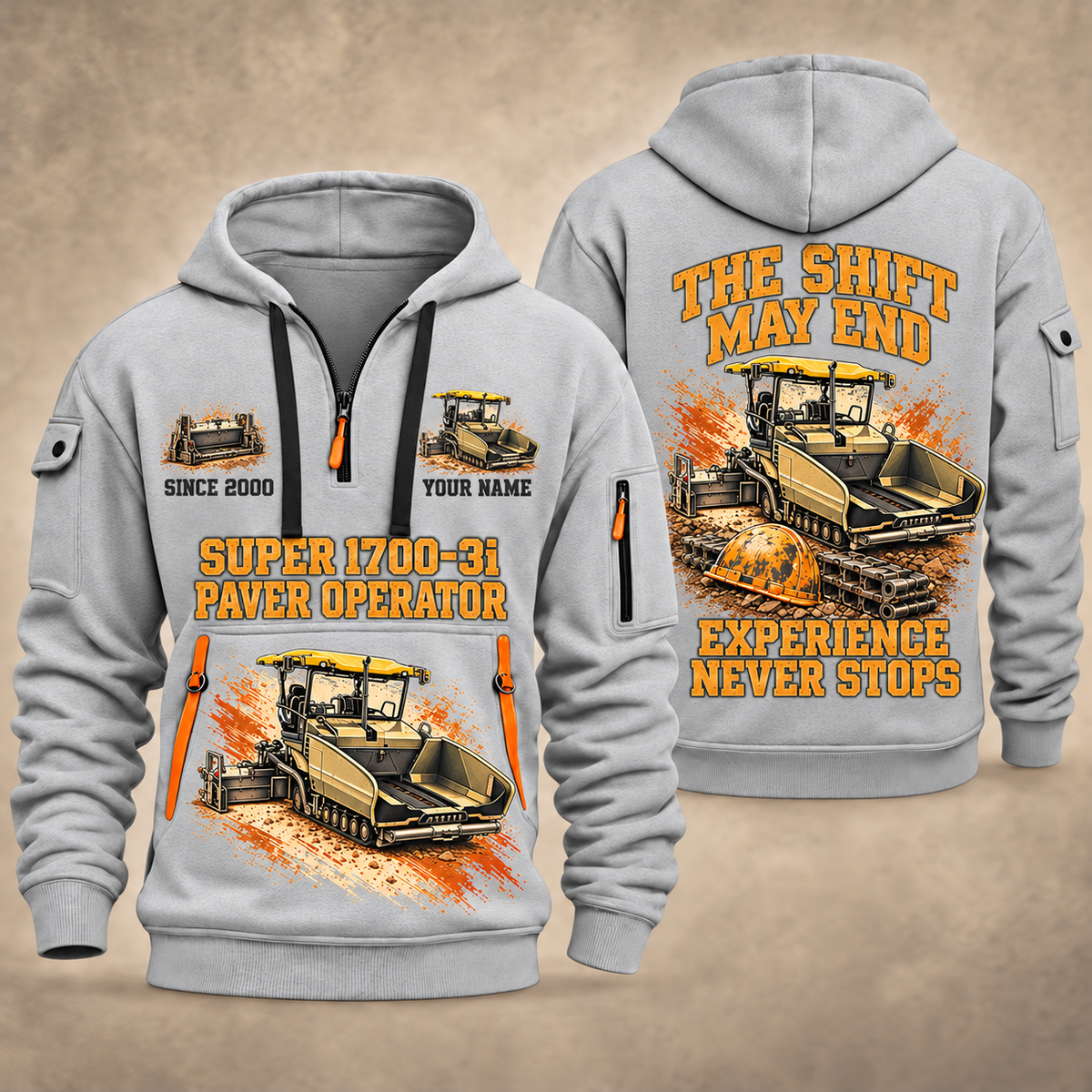 SUPER 1700-3i Asphalt Paver Operator quarter zip hoodie in Light Grey, front and back views, sample YOUR NAME and SINCE 2000 artwork