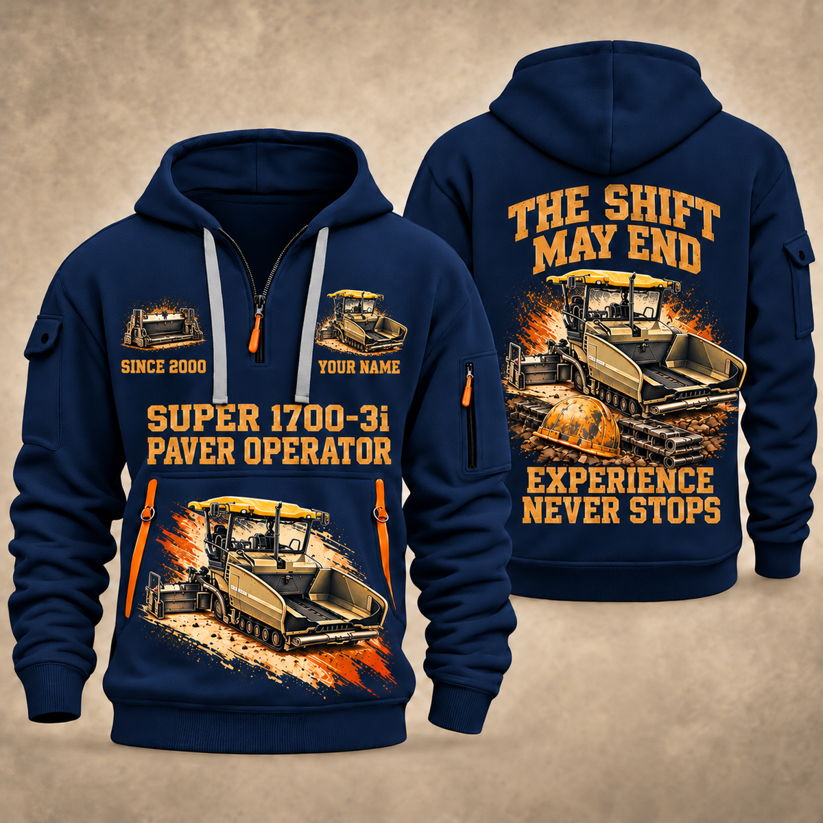 SUPER 1700-3i Asphalt Paver Operator quarter zip hoodie in Navy, front and back views, sample YOUR NAME and SINCE 2000 artwork