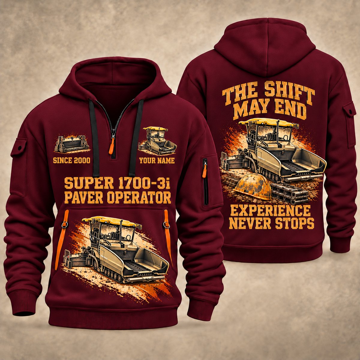 SUPER 1700-3i Asphalt Paver Operator quarter zip hoodie in Wine Red, front and back views, sample YOUR NAME and SINCE 2000 artwork